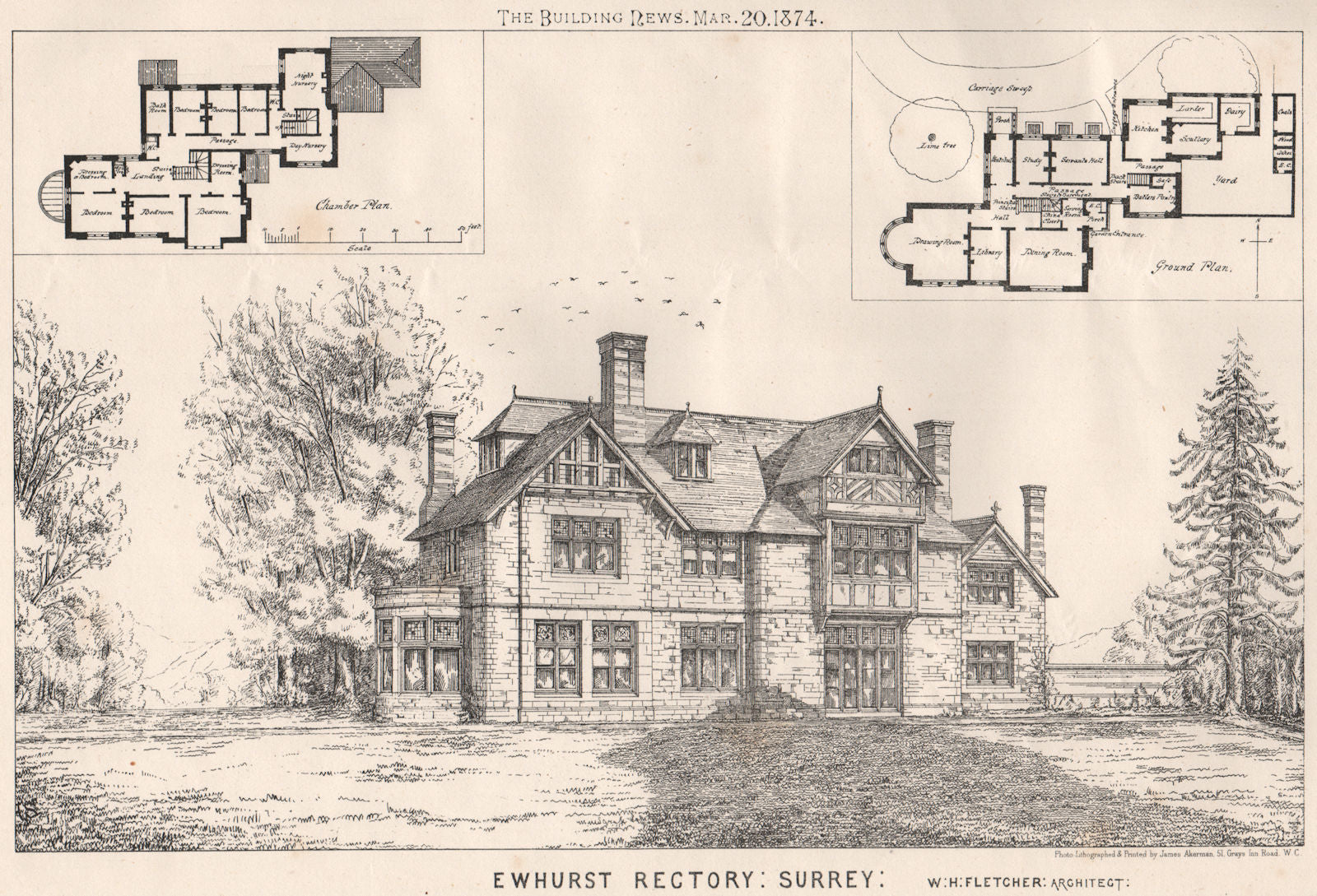 Ewhurst Rectory, Surrey; W.H. Fletcher, Architect 1874 old antique print